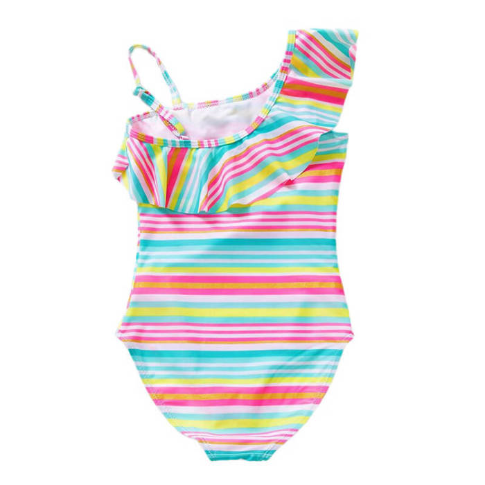 Little Girls Rainbow Stripe Strap Ruffle Shoulder One Piece Swimsuit