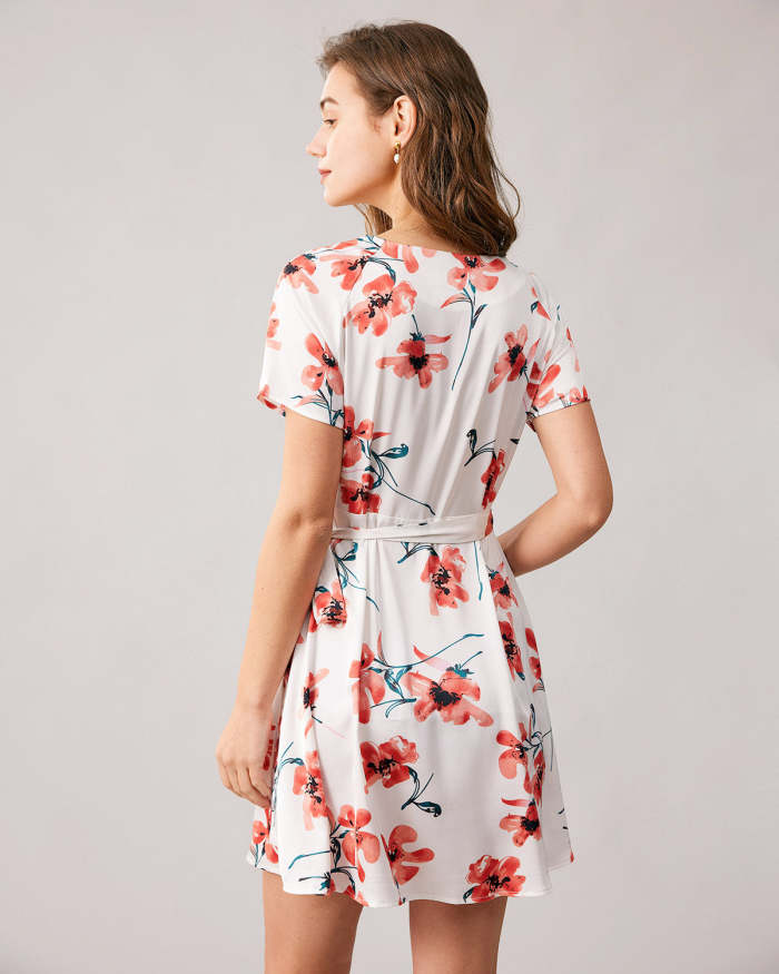 The V Neck Floral Short Sleeve Wrap Mini Dress