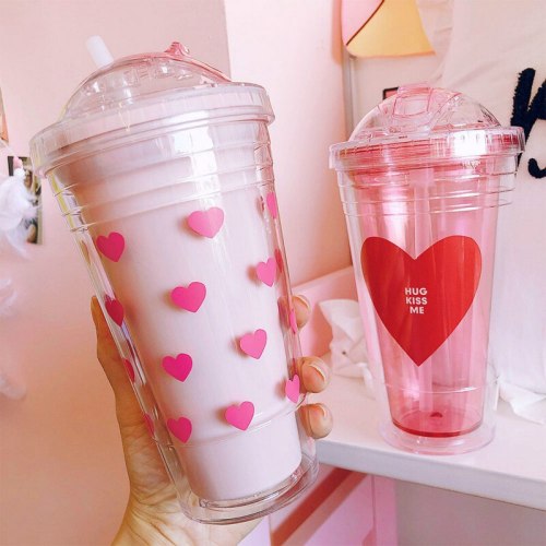 Double Layer Plastic Straw Cup Portable Milk Coffee Mug Girl Summer Beverage Water Bottle Cold Drink Juice Cup Kitchen Drinkware