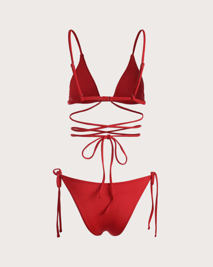 The Red V Neck Criss-Cross Ribbed Bikini Set