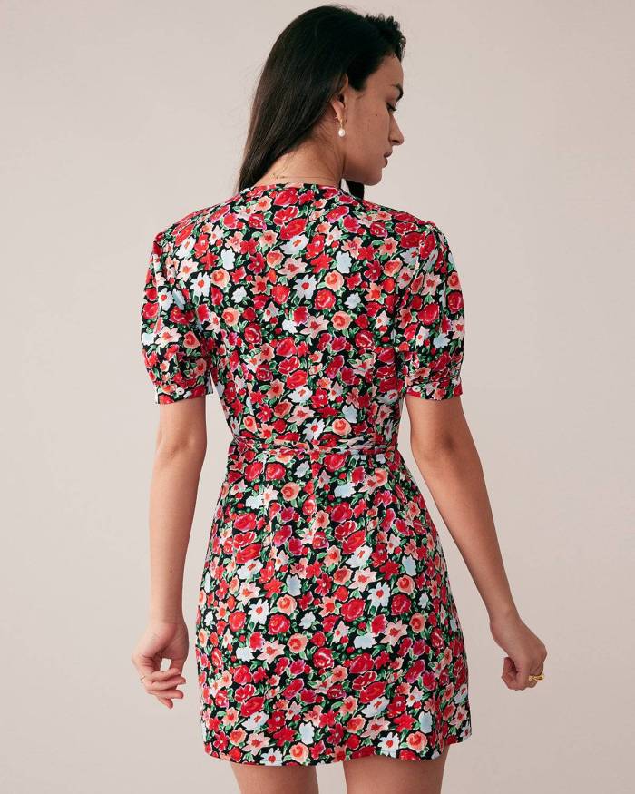V-Neck Short Sleeve Floral Mini Dress