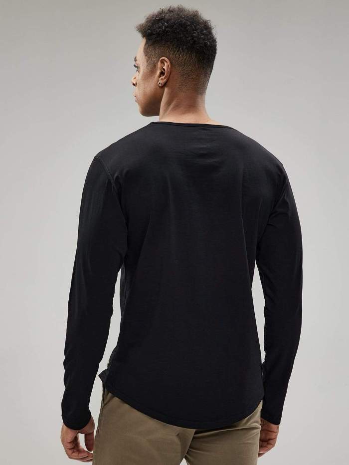 Men Long Sleeve Cotton T-Shirts Drop Cut With Curved Hem