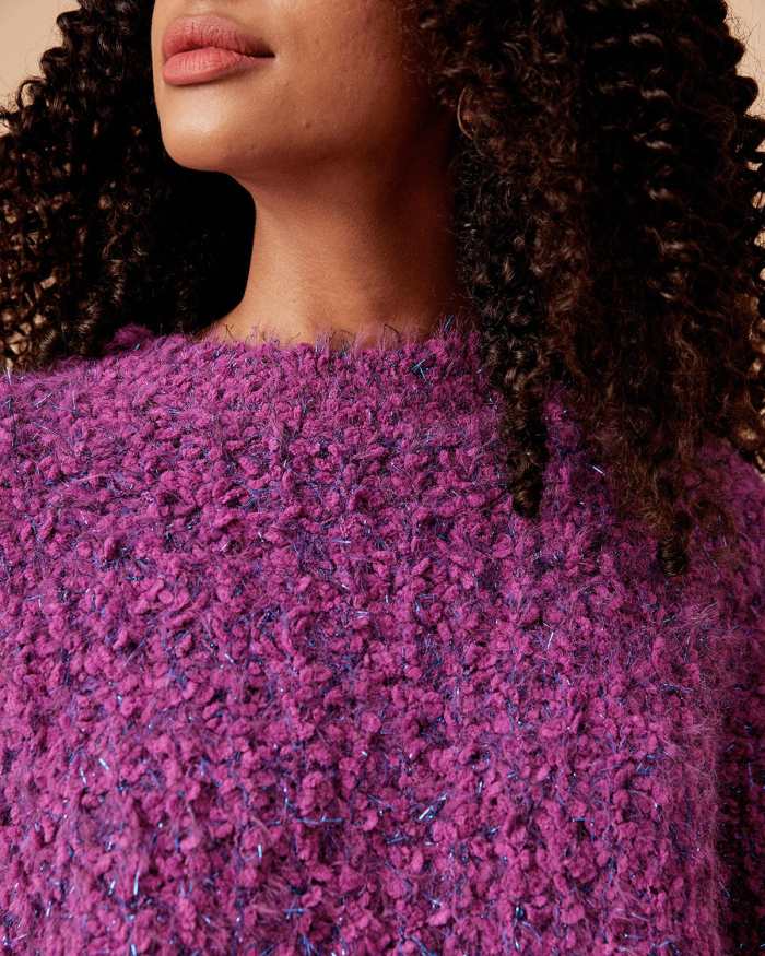 The Purple Round Neck Lantern Sleeve Textured Sweater