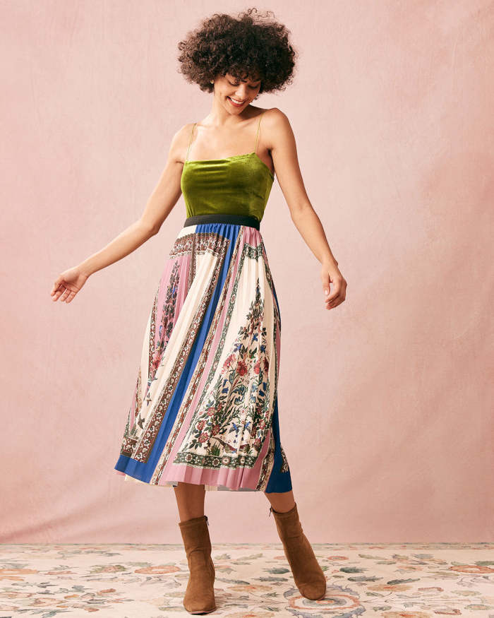 The High Waisted Multi-Color Floral Pleated Skirt