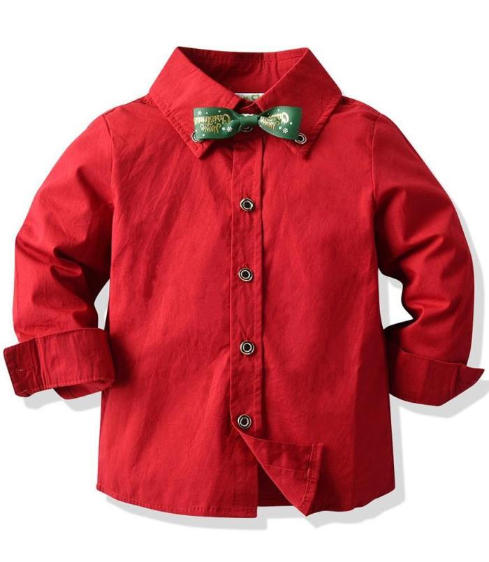 Boys Outfit Set Red Shirt With Bow Tie And Green Suspender Trousers