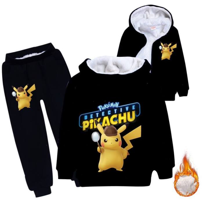 Pokemon Detective Pikachu Print Girls Boys Fleece Lined Hoodie N Pants