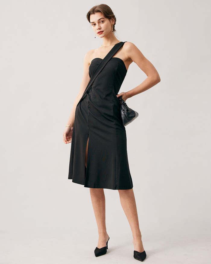 The Black Slit One Shoulder Midi Dress