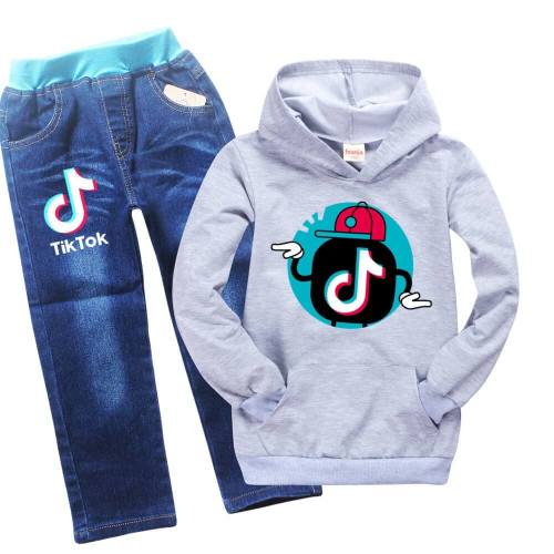Boys Girls Cool Tik Tok Print Kids Hoodie And Jeans Suit Outfit Sets
