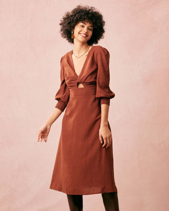 The Brown V Neck Twist Cutout Midi Dress