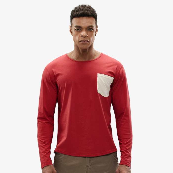 Men Cotton Pocket T-Shirt Crew Neck Shirts With Curved Hem