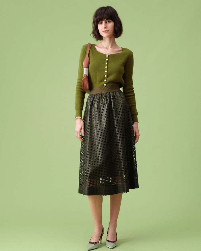 The Green High Waisted Pu Leather Midi Skirt