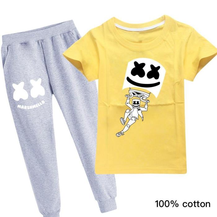 Boys Girls Fly Dj Marshmello Print Cotton T Shirt And Grey Sweatpants