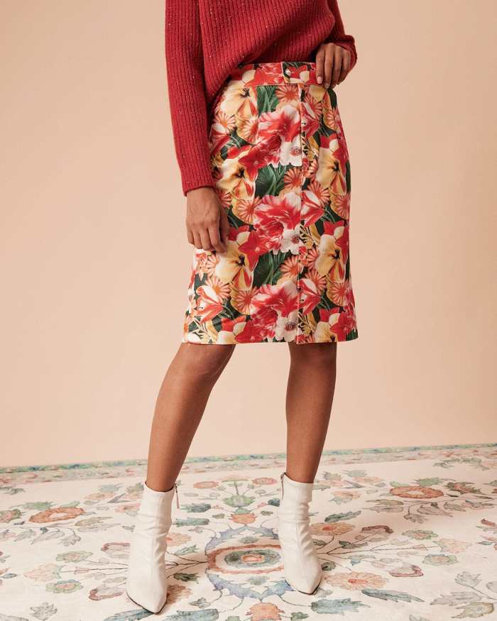 The High Waisted Corduroy Floral Skirt