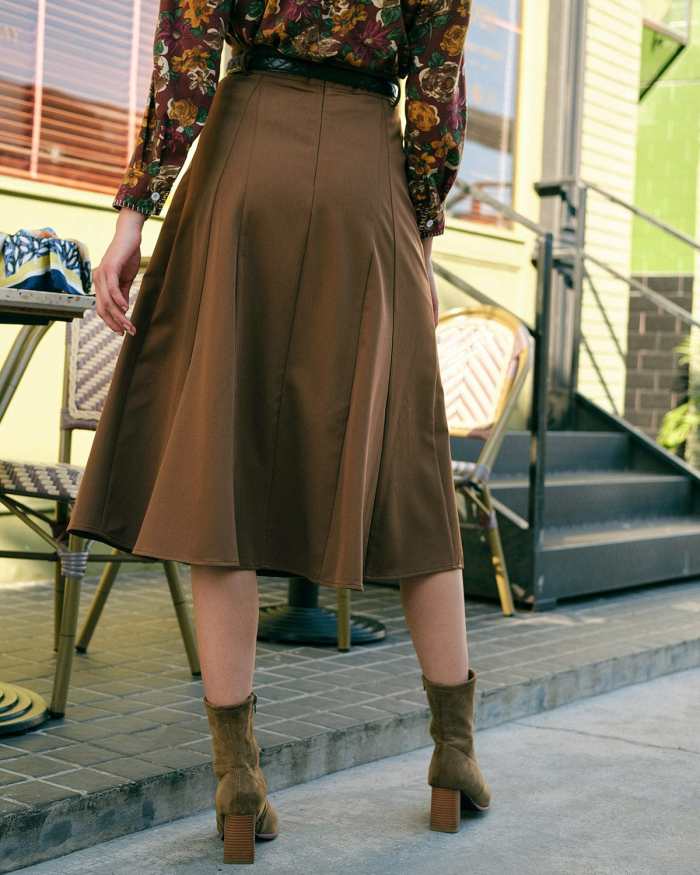 The Solid High Waisted A-Line Midi Skirt