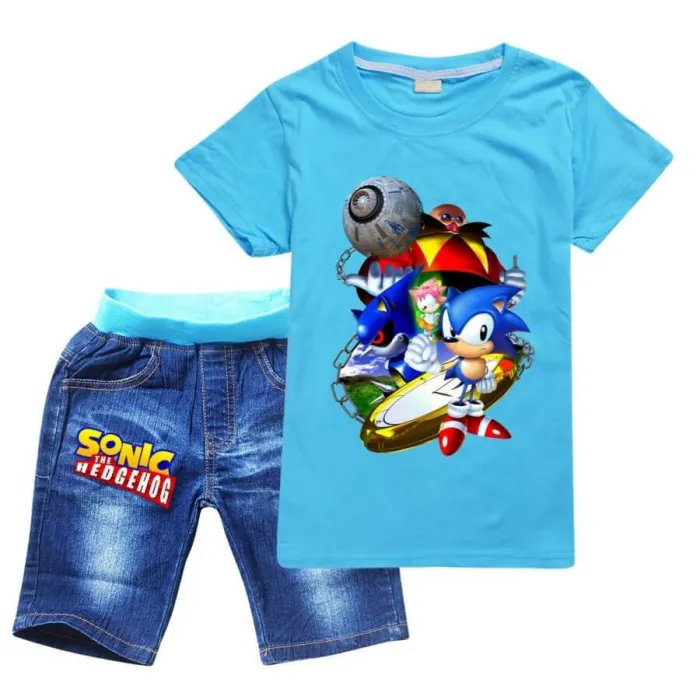 Girls Boys Sonic The Hedgehog Print Cotton T Shirt And Jean Shorts Set