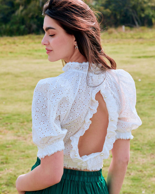 The White Eyelet Embroidery Backless Crop Blouse