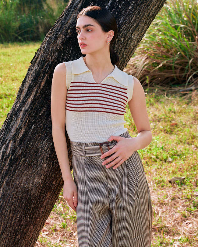 The Beige Collared Sleeveless Striped Knit Top