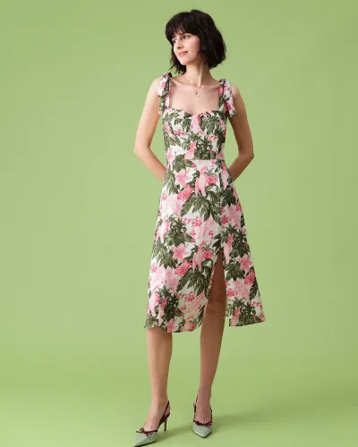The Tie Shoulder Side Slit Floral Midi Dress