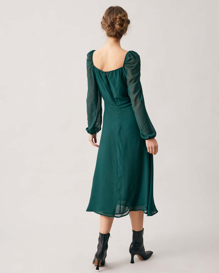 The Green Sweetheart Neck Sheer Sleeve Slit Midi Dress
