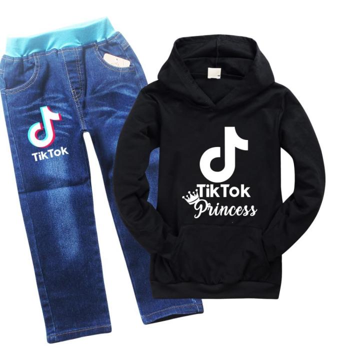 Girls Boys Tiktok Princess Print Kids Kangaroo Pocket Hoodie Jeans Set