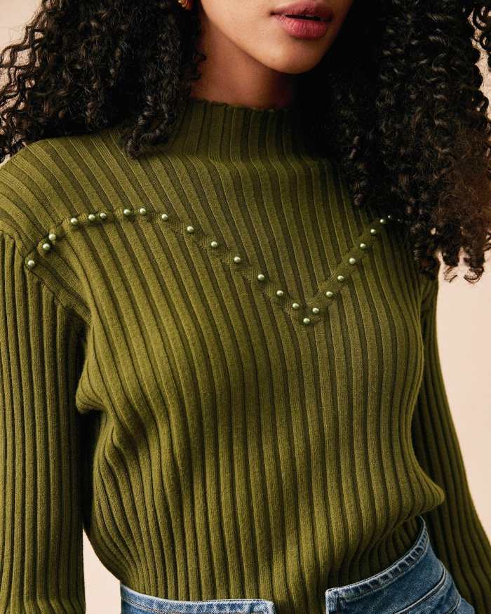 The Green Mock Neck Pearl Decor Ribbed Knit Top
