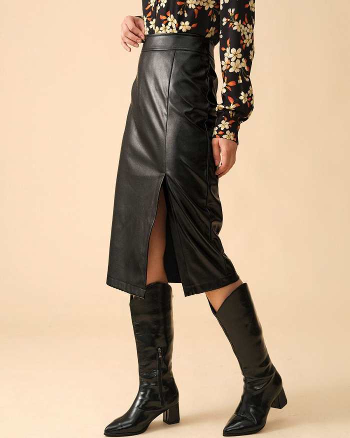 The Black Pu Leather Side Slit Skirt