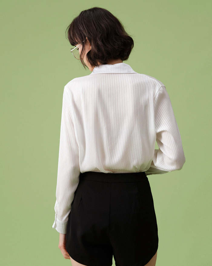 Women White Collared Striped Long Sleeve Shirt
