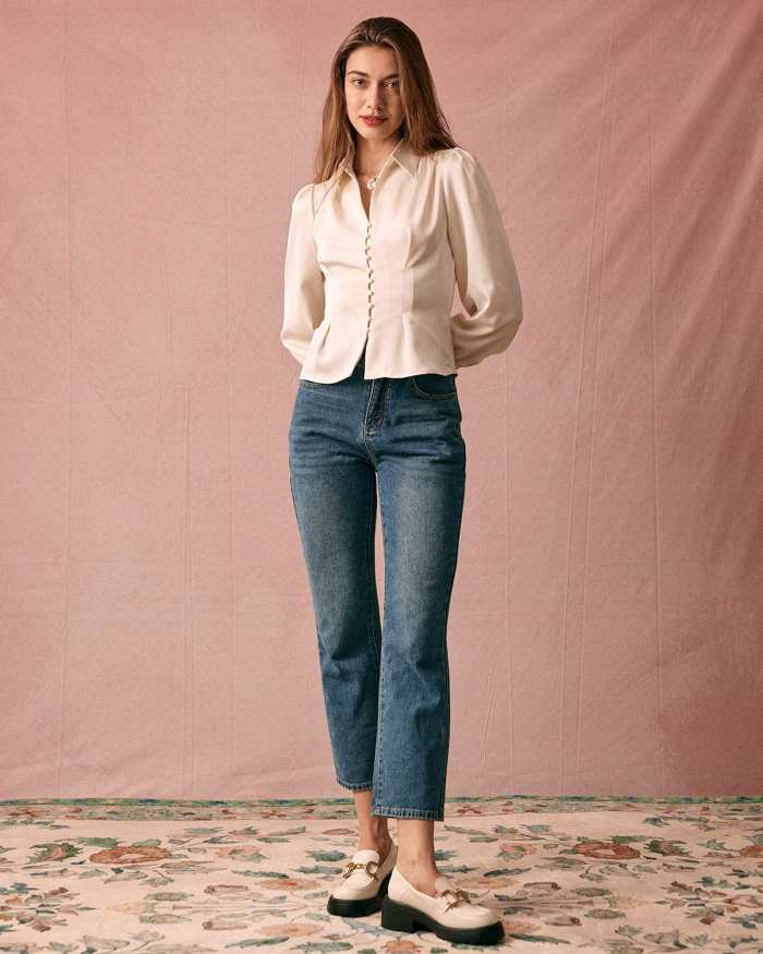 The Solid Collared Puff Sleeve Satin Blouse