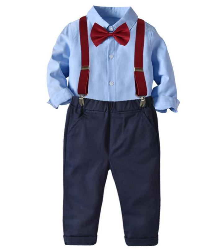 Boys Outfit Set Blue Cotton Shirt With Bow Tie And Suspender Pants
