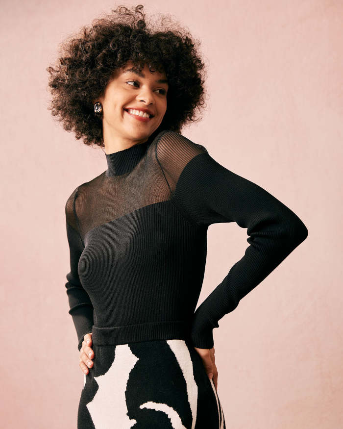 The Black Mock Neck Spliced Sheer Knit Top