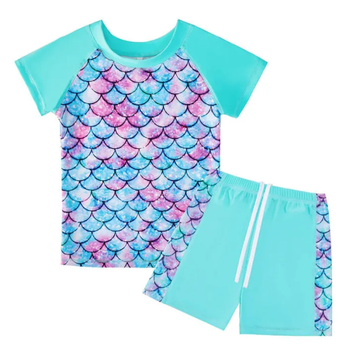 Girls Mermaid Print Short Sleeve Rashguard Boyshort 2-Piece Swimsuit