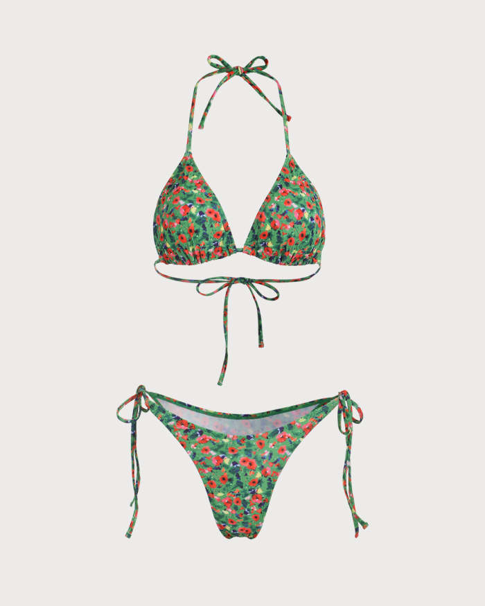 The Green V Neck Floral Tie Back Bikini Set