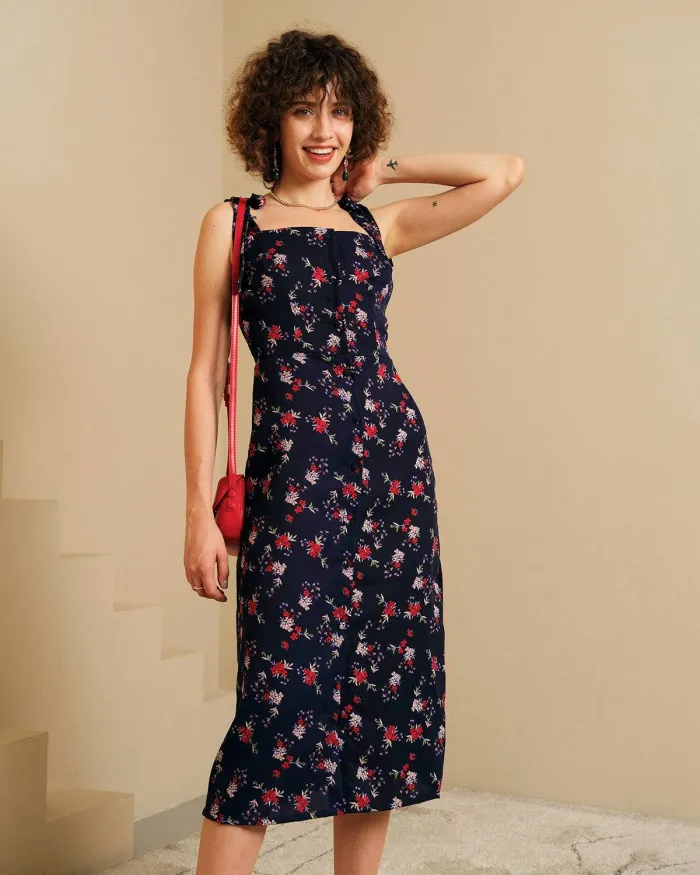 The Tie Strap Floral Retro Midi Dress