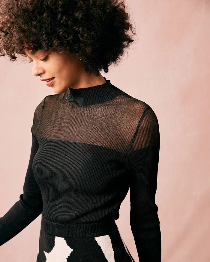 The Black Mock Neck Spliced Sheer Knit Top