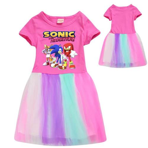 Sonic The Hedgehog Print Girls Pink Cotton Top Rainbow Tulle Dress