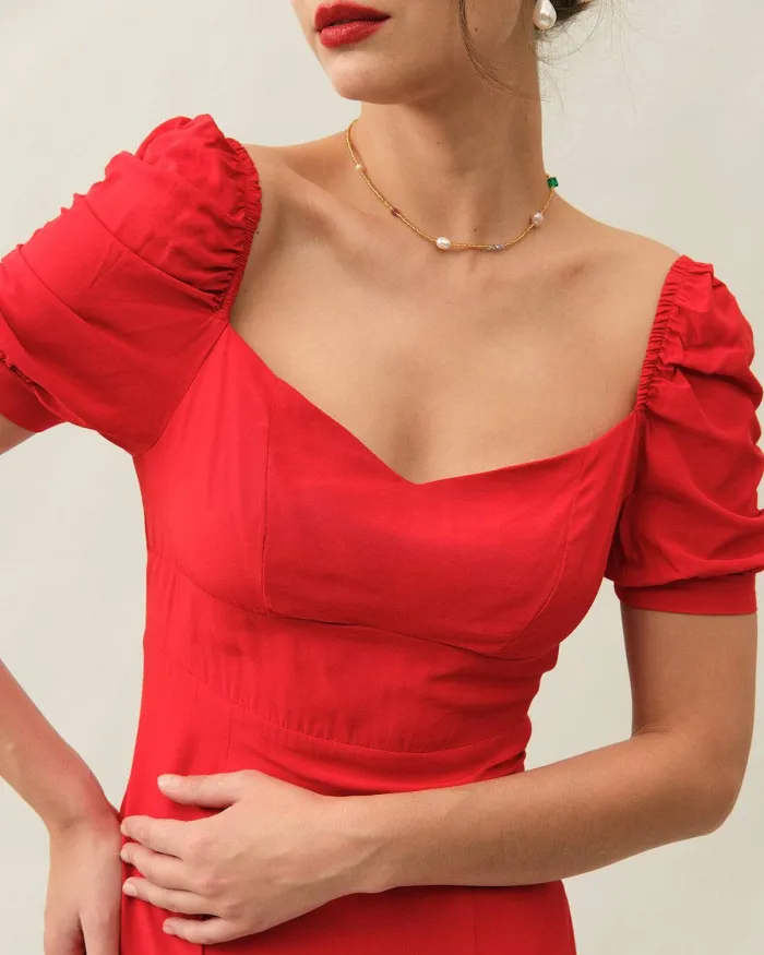The Puff Sleeve Solid Midi Dress