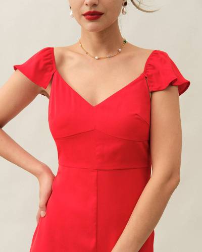 The Solid Color V Neck Split Midi Dress