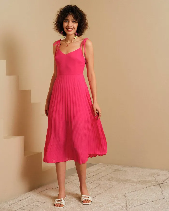 The Solid Tie Strap Pleated Midi Dress