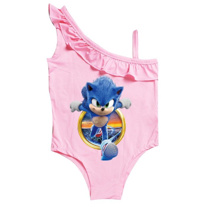 Girls Hedgehog Sonic Runners Print One Shoulder One Piece Swimsuit