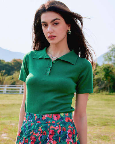 The Green Collared Short Sleeve Knit Top