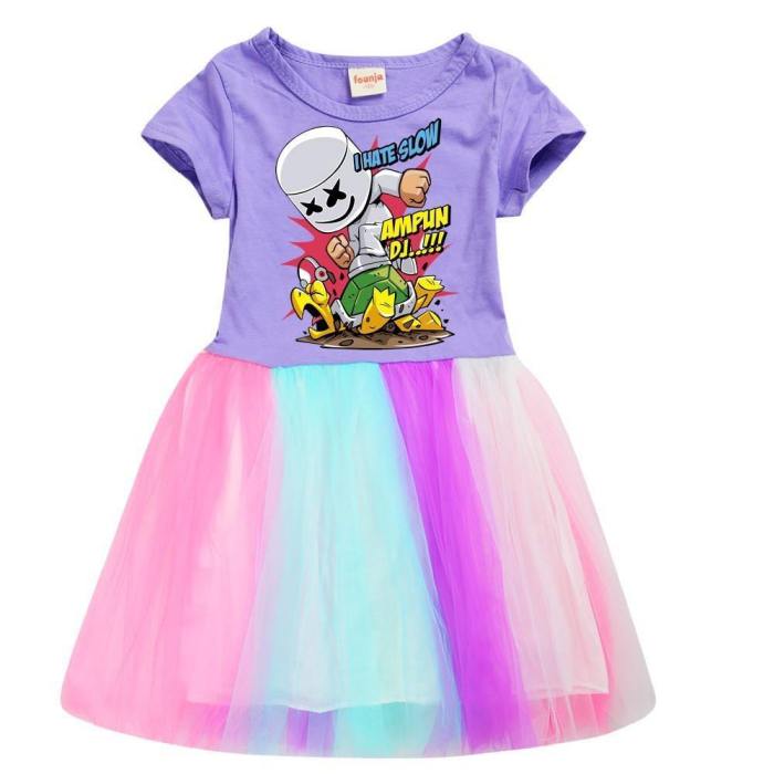 Ampun Dj Marshmello 3-9 Years Girls Pink Cotton Rainbow Tulle Dress