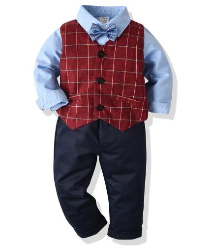 Boys Outfit Set Cotton Shirt Bow Tie Red Checked Waistcoat And Pants