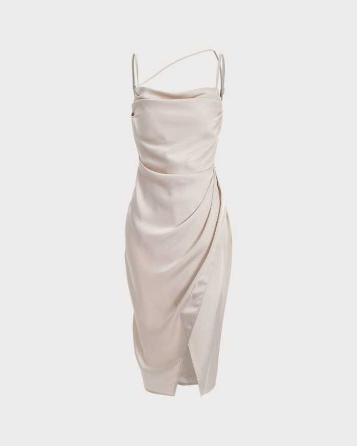 The Satin Ruched Slit Midi Dress