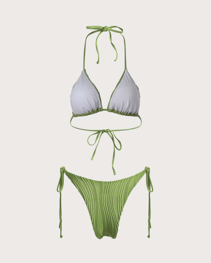 The Green V Neck Textured Halter Bikini Set