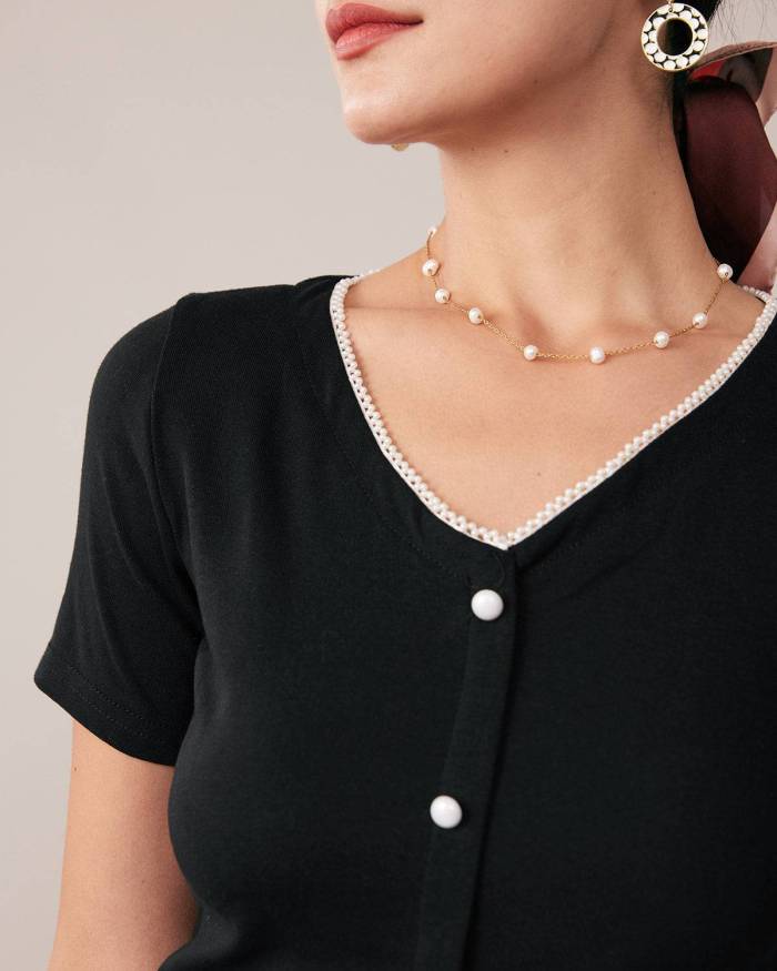 The Solid V-Neck Pearl Button Tee