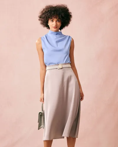 The Grey High Waisted Satin A-Line Skirt