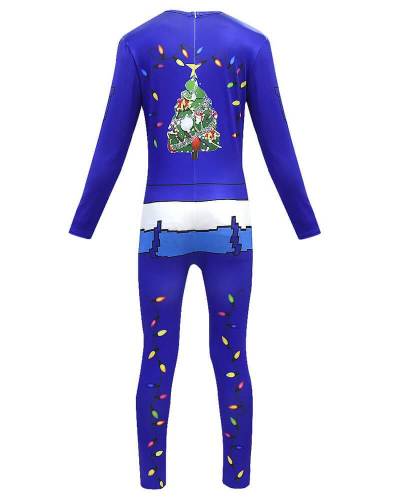 Boys Girls Blue Jacket Teddy Bear Print Catsuit Kids Christmas Costume