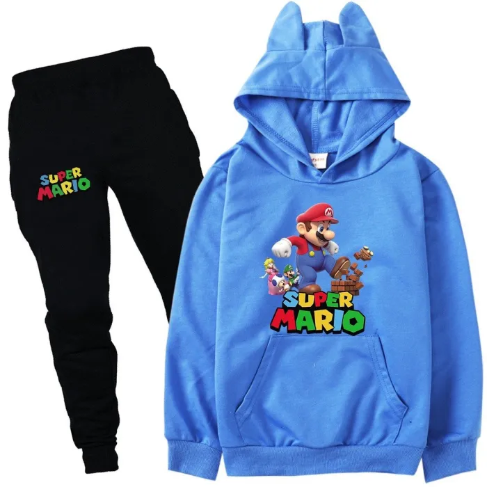 Super Mario Print Girls Boys Cotton Sweatshirt And Pants Set Tracksuit