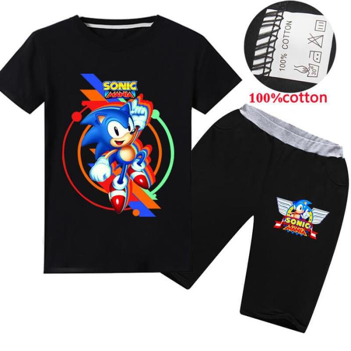 Sonic Mania Print Girls Boys Cotton T Shirt And Shorts Outfit Sets
