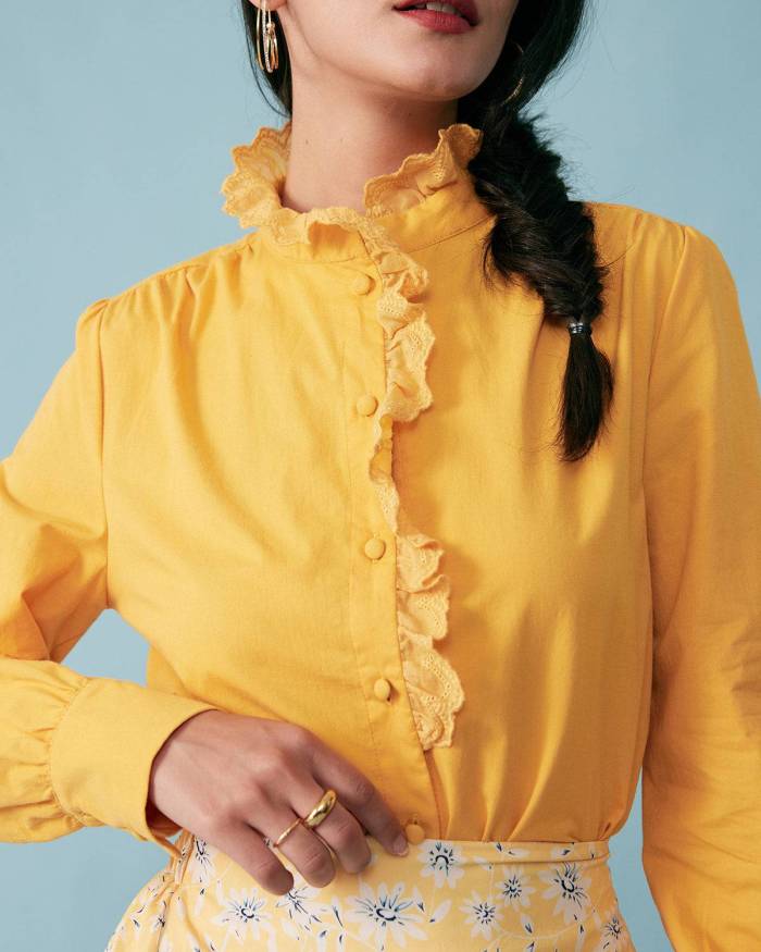 The Lace Neckline Solid Shirt